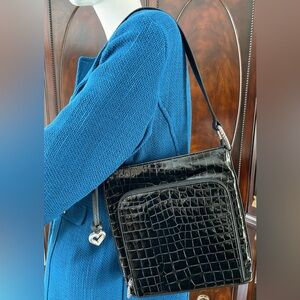 Brighton Black Croc Embossed Leather Shoulder Bag